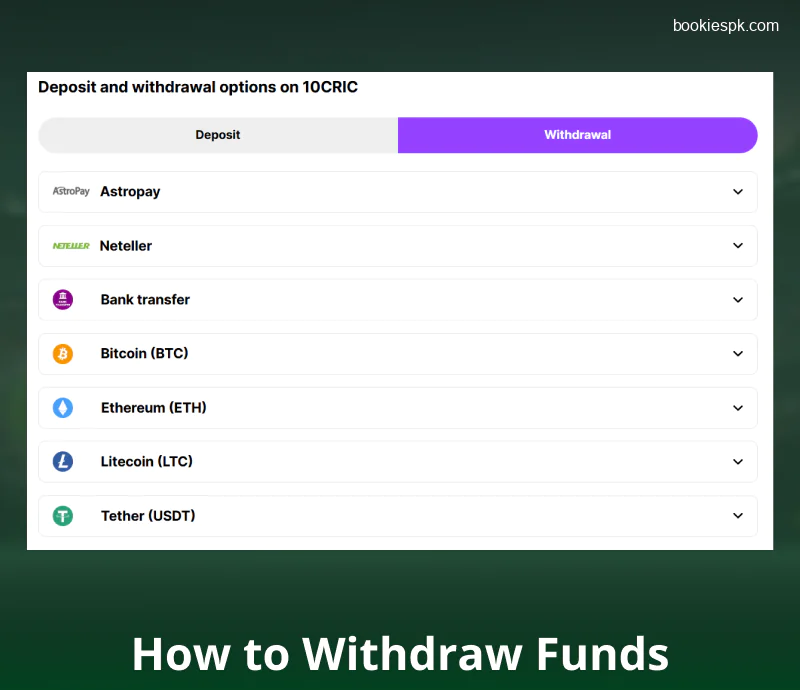 Withdrawal method on 10Cric Pakistan